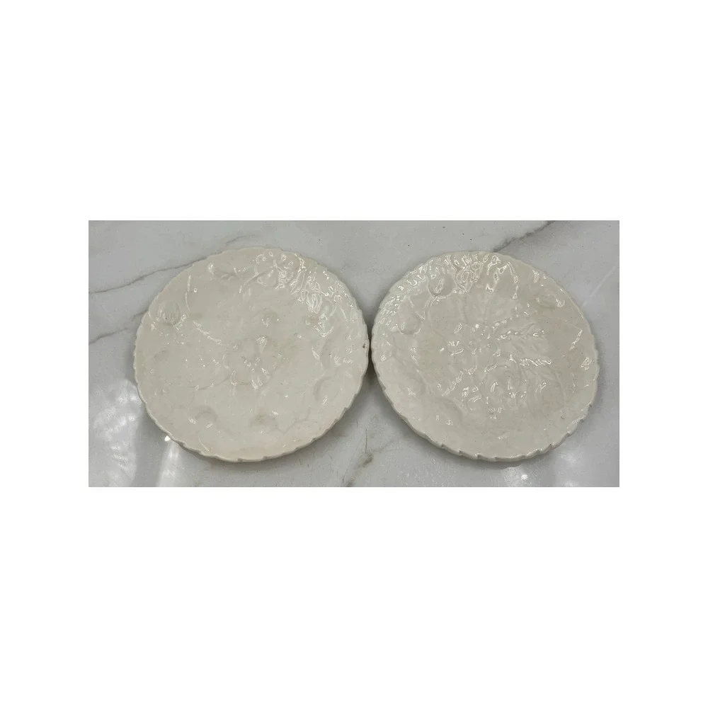 Vintage P-V France Embossed Floral Strawberry Ceramic Plates Set of 2 Cream